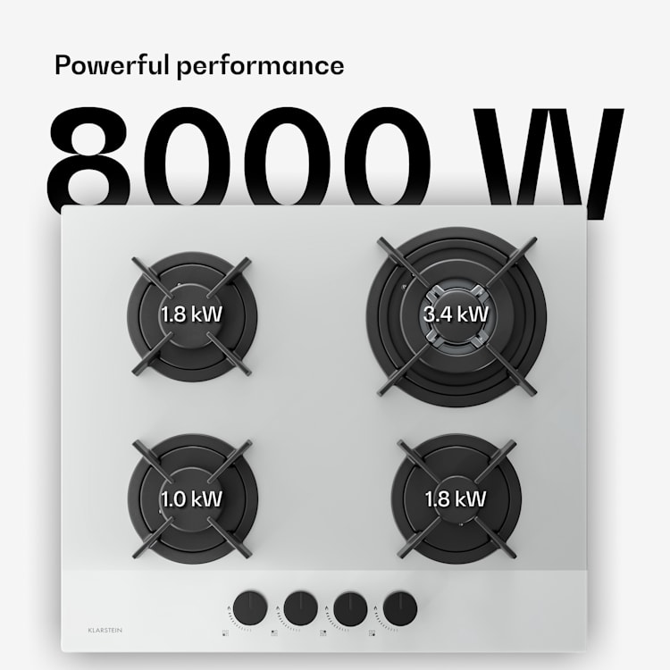 Velaire gaskookplaat | 4-pits met elektrische ontsteking | compatibel met aardgas en LPG | 8000 W | 60 cm 60 cm | Wit