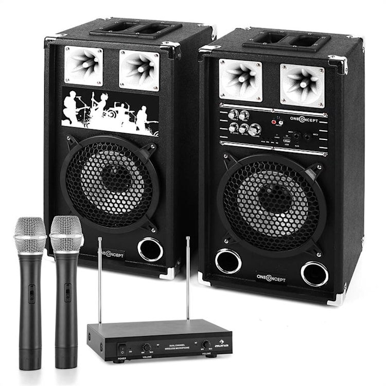PA karaoke-set 2 x PA-luidspreker 2 x draadloze microfoon
