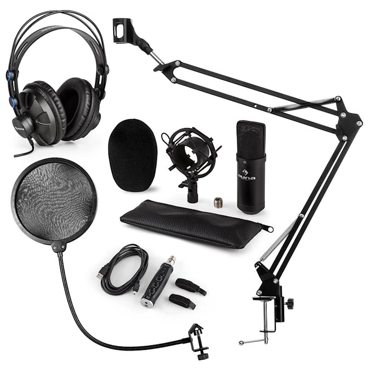 CM001B mikrofon készlet V4 fülhallgató, kondenzátoros mikrofon, USB adapter, mikrofonkar, pop szűrő