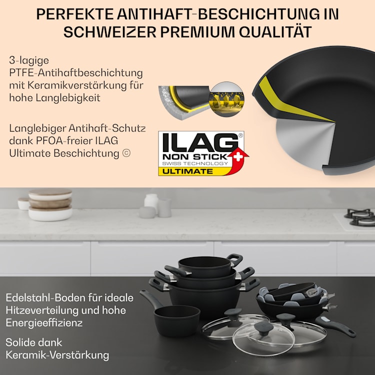 Noto Endurance Topf- und Pfannenset geschmiedetes Aluminium ergonomische Griffe Glasdeckel Filz