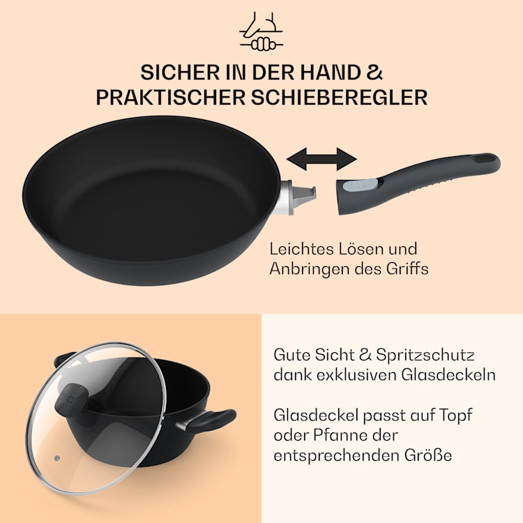 Noto Endurance Topf- und Pfannenset geschmiedetes Aluminium ergonomische Griffe Glasdeckel Filz