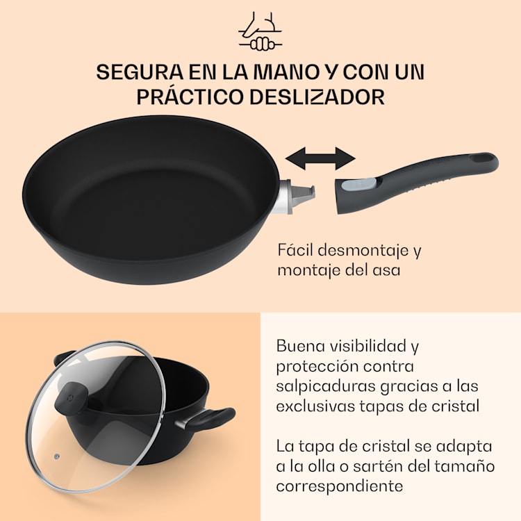 Noto Endurance Juego de ollas y sartenes Aluminio forjado Asas ergonómicas Tapa de cristal Fieltro