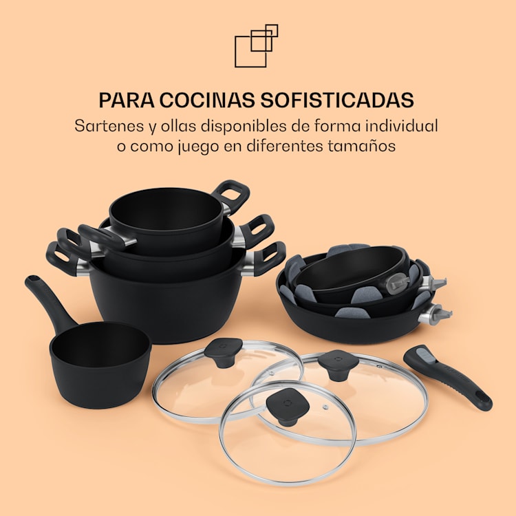 Noto Endurance Juego de ollas y sartenes Aluminio forjado Asas ergonómicas Tapa de cristal Fieltro