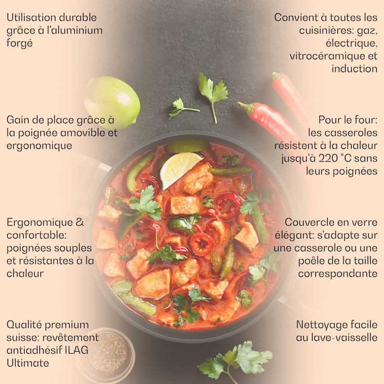 Noto Endurance ensemble de casseroles et poêles aluminium forgé poignées ergonomiques couvercle en verre feutre