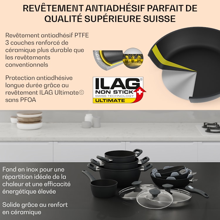 Noto Endurance ensemble de casseroles et poêles aluminium forgé poignées ergonomiques couvercle en verre feutre