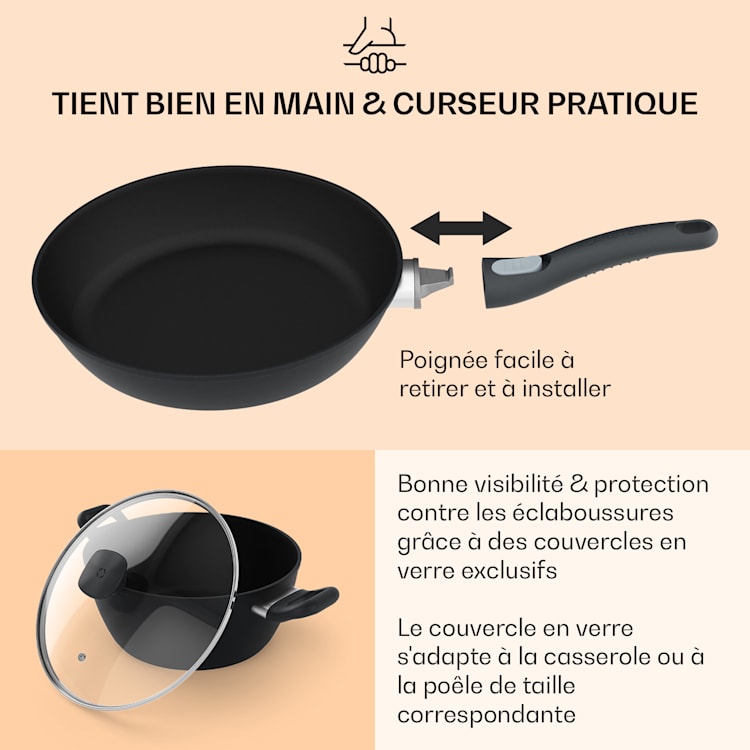 Noto Endurance ensemble de casseroles et poêles aluminium forgé poignées ergonomiques couvercle en verre feutre