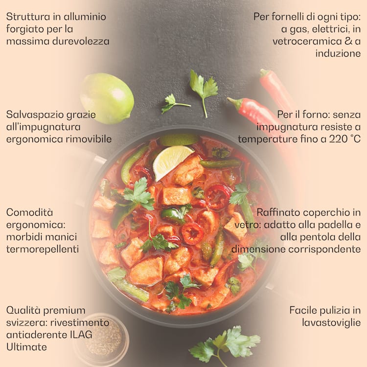 Noto Endurance - Set di pentole e padelle, alluminio forgiato, manici ergonomici, coperchi in vetro, feltro