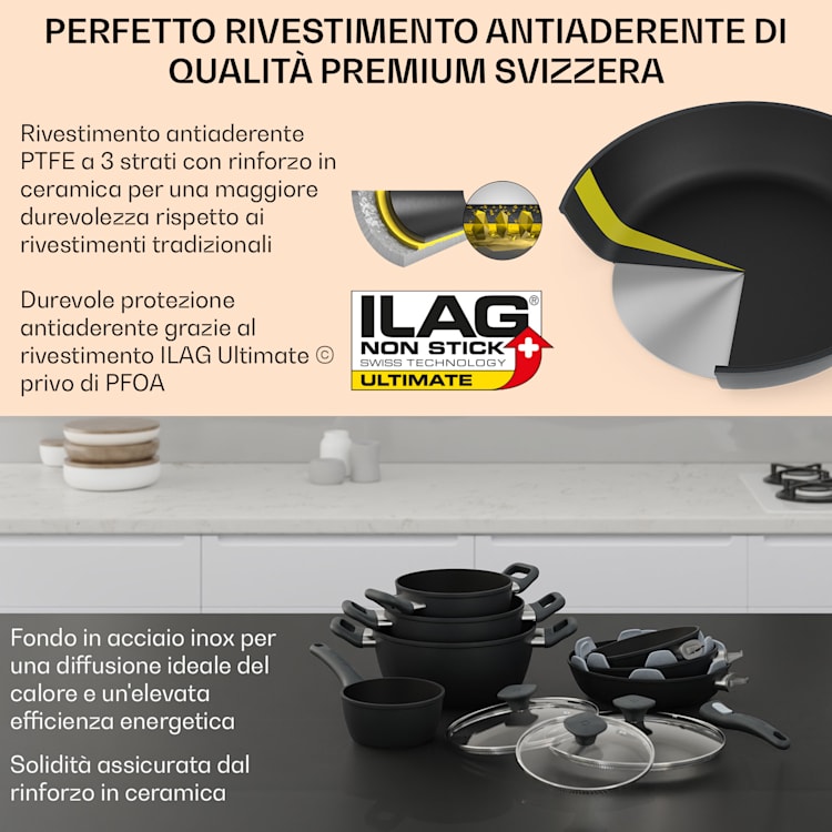 Noto Endurance - Set di pentole e padelle, alluminio forgiato, manici ergonomici, coperchi in vetro, feltro