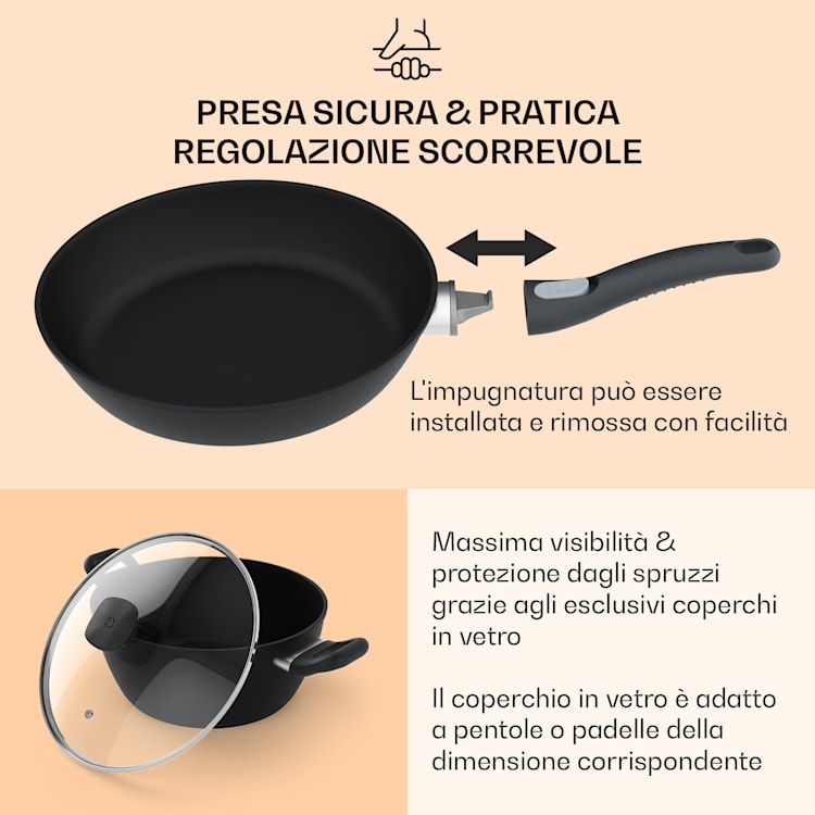 Noto Endurance - Set di pentole e padelle, alluminio forgiato, manici ergonomici, coperchi in vetro, feltro