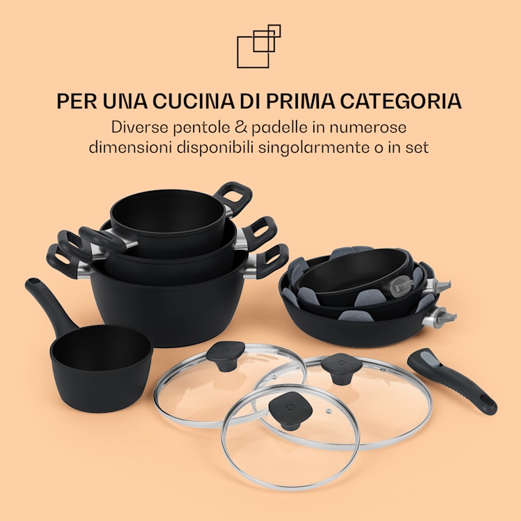 Noto Endurance - Set di pentole e padelle, alluminio forgiato, manici ergonomici, coperchi in vetro, feltro