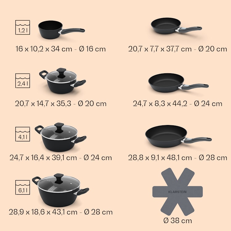 Noto Endurance Topf- und Pfannenset geschmiedetes Aluminium ergonomische Griffe Glasdeckel Filz