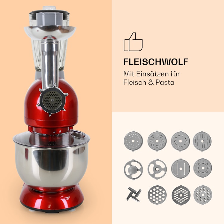 Lucia Küchenmaschine 3-in-1 2000 W / 2,7 PS 5 Ltr Edelstahl BPA-frei Rot