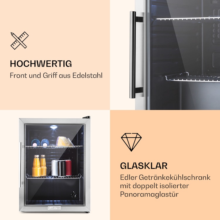 Beersafe XL Kühlschrank 60 Liter 2 Böden Panoramaglastür Edelstahl 60 Ltr | Edelstahl