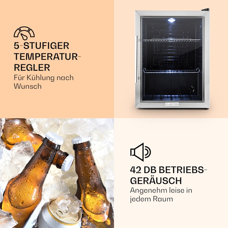 Beersafe XL Kühlschrank 60 Liter 2 Böden Panoramaglastür Edelstahl Silber | 60 Ltr
