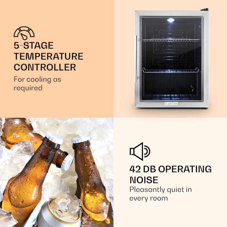 Klarstein Beersafe XL, chladnička s objemom 65 litrov, energet. trieda B, sklenené dvere, nerezová oceľ Strieborná | 60 litrov