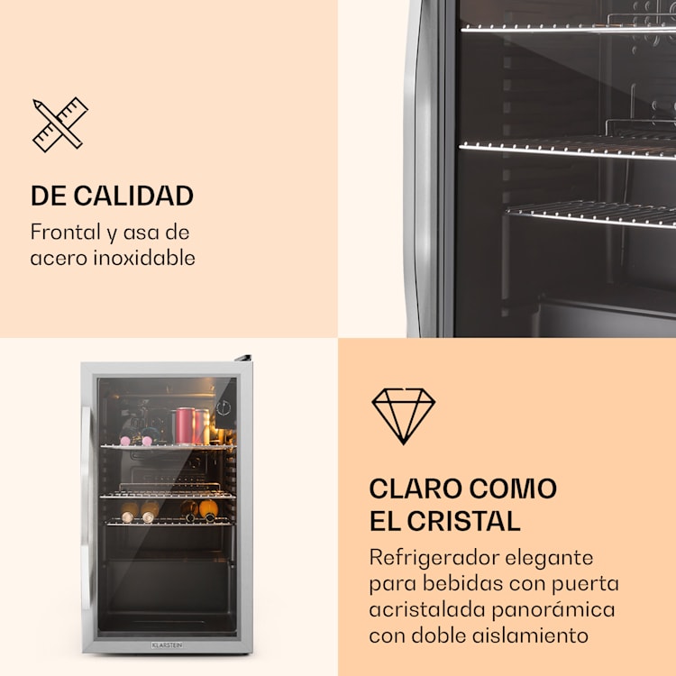 Beersafe XXL Nevera 80 litros 3 estantes Puerta panorámica de cristal Acero inoxidable 80 L | Acero inoxidable
