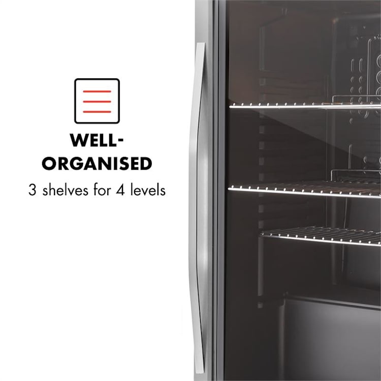 Klarstein Beersafe XXL, chladnička s objemem 85 l, energetická třída C, skleněné dveře, nerezová ocel Stříbrná | 80 litrů