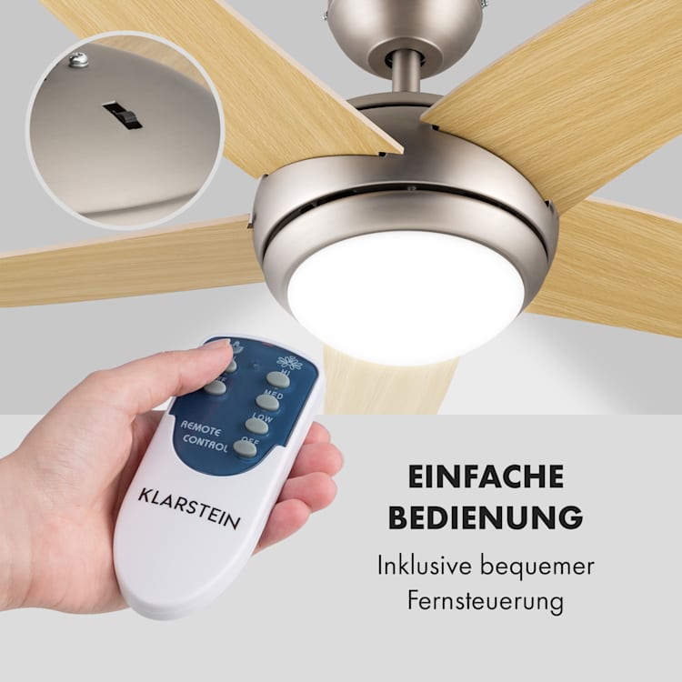 Bolero 2-in-1-Deckenventilator 134cm Leuchte 55W Luftdurchsatz 10.212 m³/h max. Ahornflügel Fernbedienung Ahorn