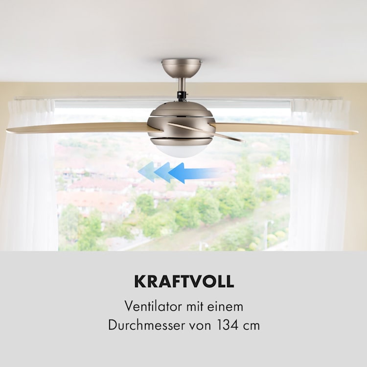Bolero 2-in-1-Deckenventilator 134cm Leuchte 55W Luftdurchsatz 10.212 m³/h max. Ahornflügel Fernbedienung Ahorn
