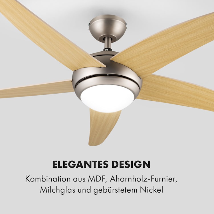 Bolero 2-in-1-Deckenventilator 134cm Leuchte 55W Luftdurchsatz 10.212 m³/h max. Ahornflügel Fernbedienung Ahorn