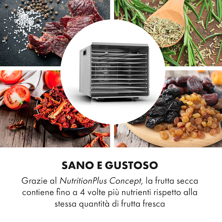 Fruit Jerky Steel 10 Essiccatore 1000W 10 Ripiani Acciaio Inox 10 scomparti