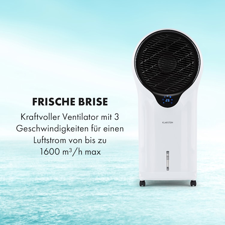 Whirlwind 3-in-1 Luftkühler Ventilator Luftbefeuchter 1600 m³/h | 90 Watt | 5,5 Liter | 3 Geschwindigkeiten | Oszillation | mobil | Fernbedienung Weiß