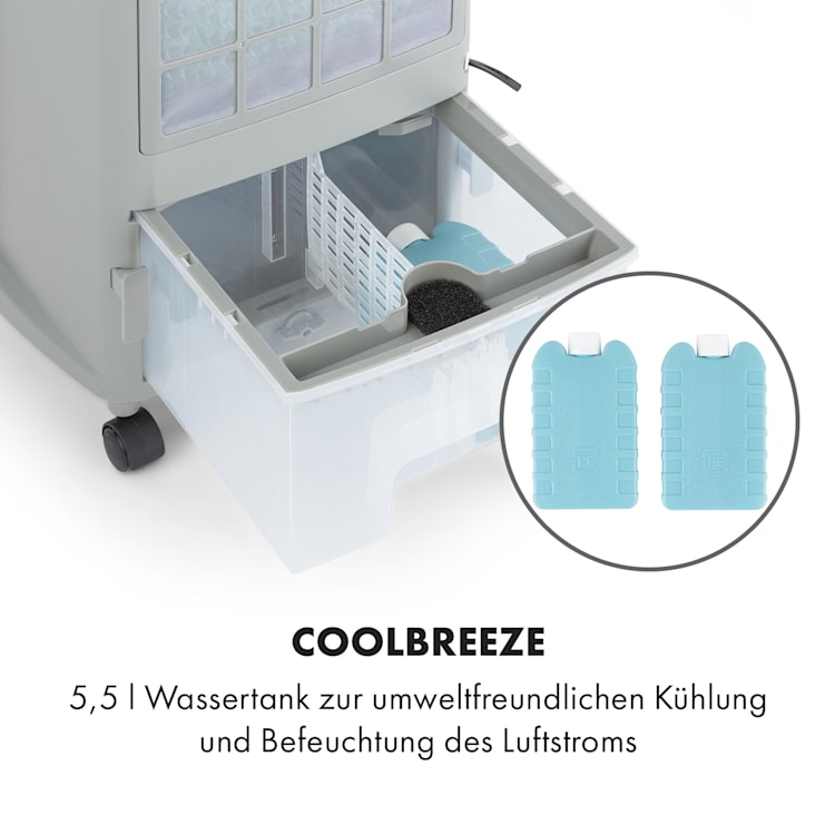 Whirlwind 3-in-1 Luftkühler Ventilator Luftbefeuchter 1600 m³/h | 90 Watt | 5,5 Liter | 3 Geschwindigkeiten | Oszillation | mobil | Fernbedienung Weiß