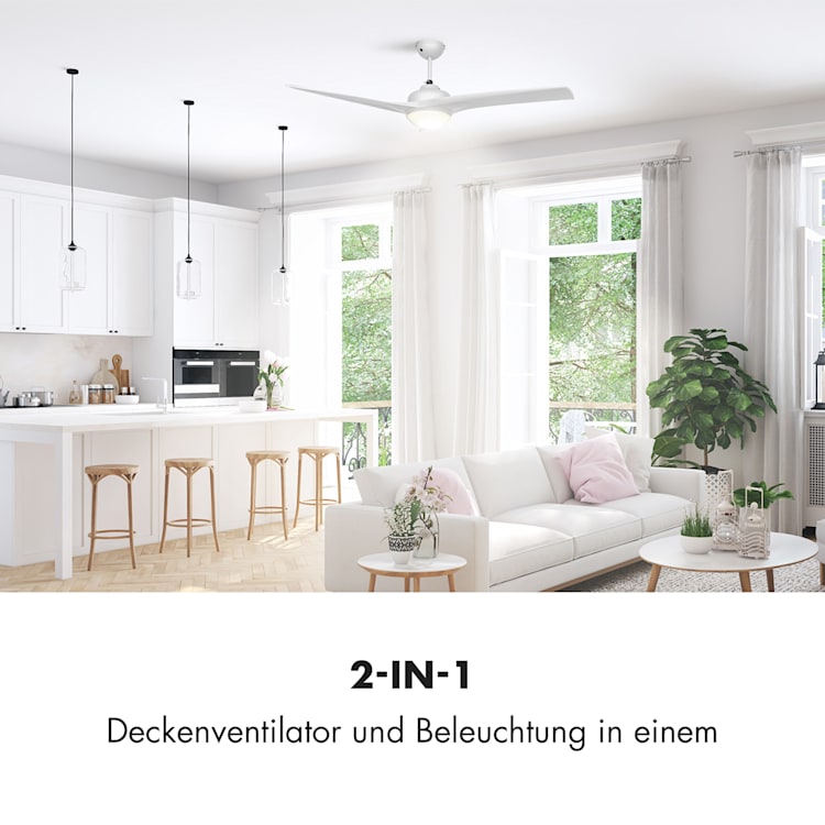 Figo Deckenventilator | 2-in-1: Ventilator & Deckenlampe | Ø 52" (132 cm ) | 3 Flügel | 10.039 m³/h | 2 Laufrichtungen | 3 Geschwindigkeiten | max. 51 dB | Fernbedienung Weiß