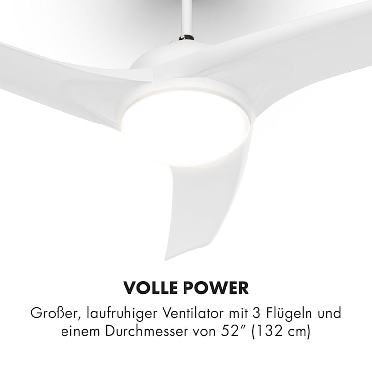 Figo Deckenventilator | 2-in-1: Ventilator & Deckenlampe | Ø 52" (132 cm ) | 3 Flügel | 10.039 m³/h | 2 Laufrichtungen | 3 Geschwindigkeiten | max. 51 dB | Fernbedienung Weiß