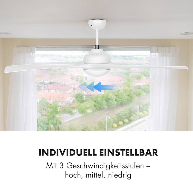 Figo Deckenventilator | 2-in-1: Ventilator & Deckenlampe | Ø 52" (132 cm ) | 3 Flügel | 10.039 m³/h | 2 Laufrichtungen | 3 Geschwindigkeiten | max. 51 dB | Fernbedienung Weiß