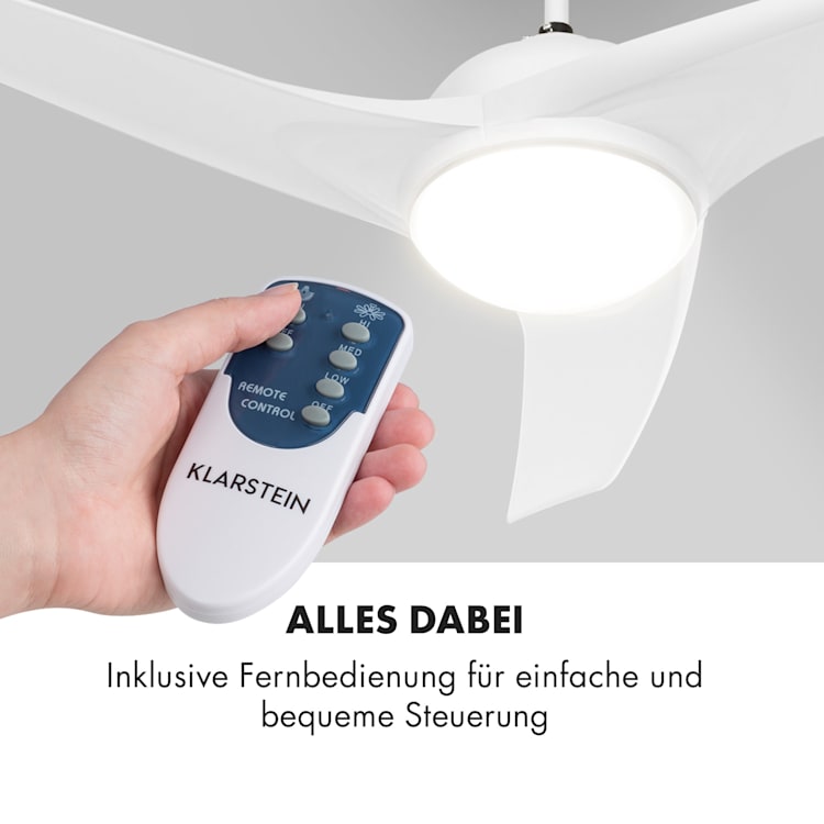 Figo Deckenventilator | 2-in-1: Ventilator & Deckenlampe | Ø 52" (132 cm ) | 3 Flügel | 10.039 m³/h | 2 Laufrichtungen | 3 Geschwindigkeiten | max. 51 dB | Fernbedienung Weiß
