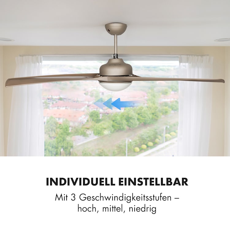 Figo Deckenventilator | 2-in-1: Ventilator & Deckenlampe | Ø 52" (132 cm ) | 3 Flügel | 10.039 m³/h | 2 Laufrichtungen | 3 Geschwindigkeiten | max. 51 dB | Fernbedienung Titan