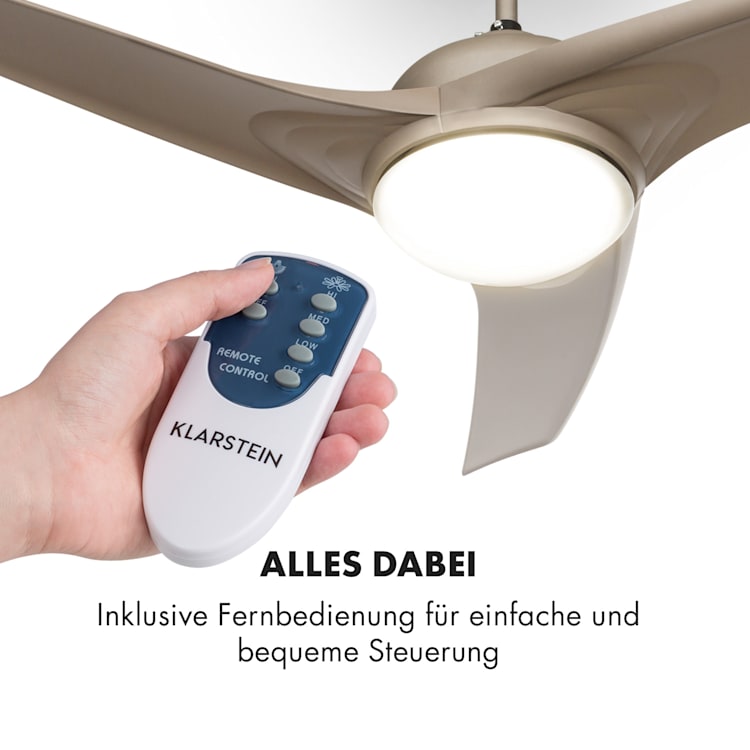 Figo Deckenventilator | 2-in-1: Ventilator & Deckenlampe | Ø 52" (132 cm ) | 3 Flügel | 10.039 m³/h | 2 Laufrichtungen | 3 Geschwindigkeiten | max. 51 dB | Fernbedienung Titan