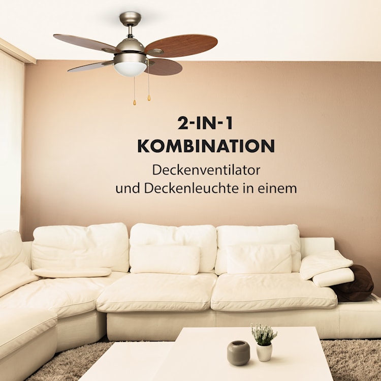 Valderama Deckenventilator | 2-in-1: Ventilator & Deckenlampe | 42" (107 cm ) | 4 Flügel | 7.480 m³/h | 2 Laufrichtungen | 3 Geschwindigen | max. 55 dB | Deckenmontage Kirschbaum