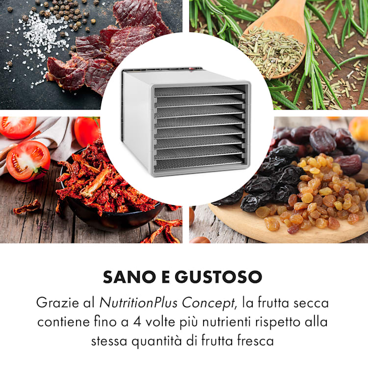 Fruit Jerky Steel 8 Essiccatore per Alimenti 630W 8 Piani Acciaio Inox 8 scomparti