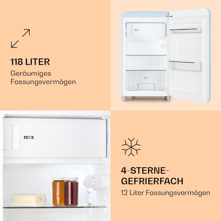 PopArt Retro-Kühlschrank 118 Liter Gefrierfach: 13 Liter regelbare Temperatur Blau