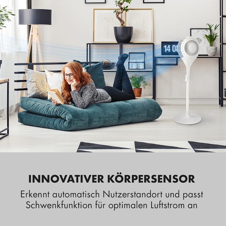 Airflex 360°-Standventilator | 56 W | 360° Oszillation | Körpererkennung | 245 m³/h | Timer | 4 Betriebsmodi | LED-Display | Timer | Fernbedienung