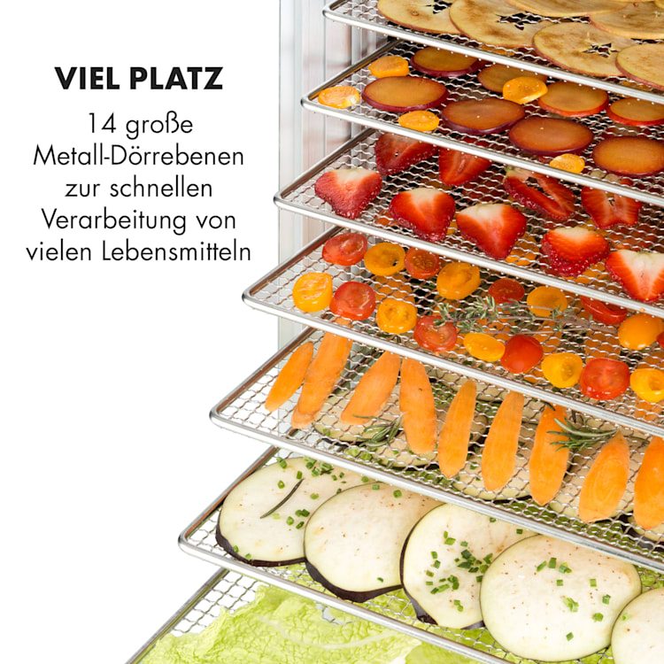 Fruit Jerky 14 Dörrautomat 1000W 30 bis 70 °C 14 Etagen Timer LC-Display 14 Etagen