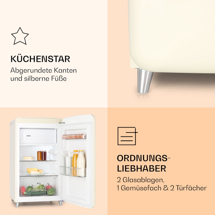 PopArt Retro-Kühlschrank 118 Liter Gefrierfach: 13 Liter regelbare Temperatur Creme
