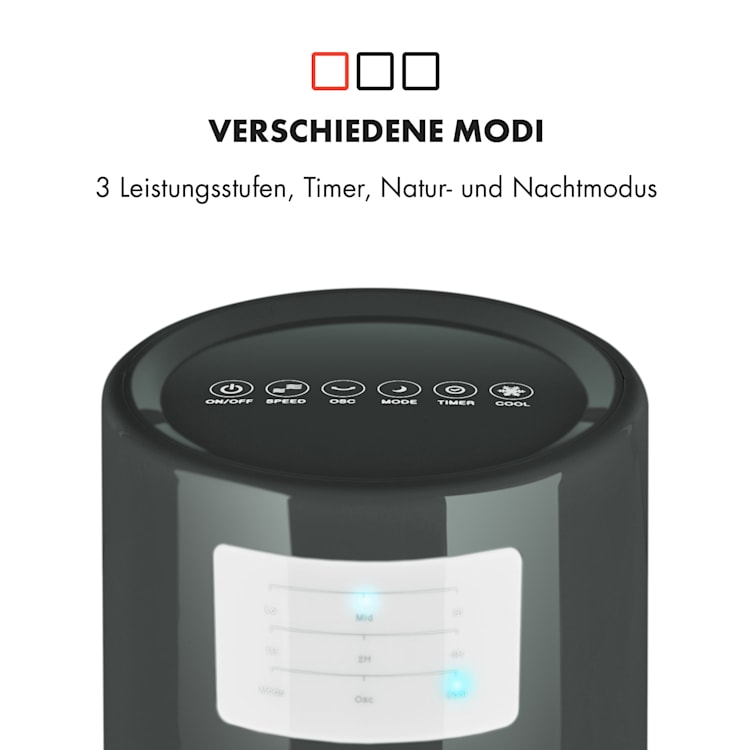Highrise 3-in-1-Luftkühler Ventilator Luftbefeuchter 530 m³/h | 35 Watt | 2,5 Liter | 3 Geschwindigkeiten | Oszillation | Touch | Timer | Fernbedienung | mobil Grau