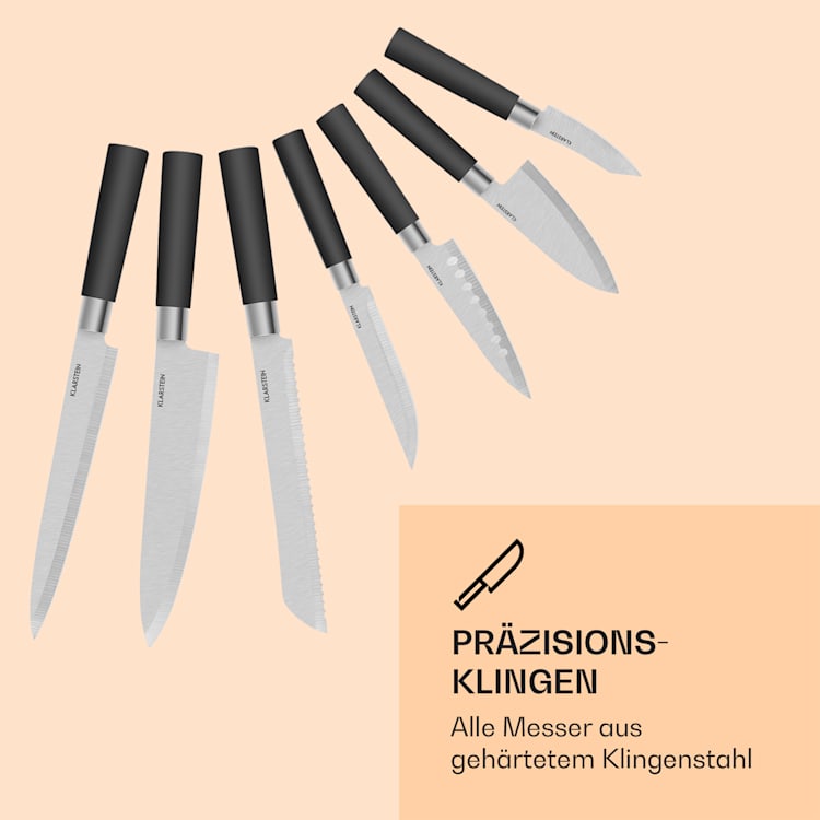 Kitano 8tlg. Messer-Set mit Block 7 Messer Stahl edler Holzblock Schwarz