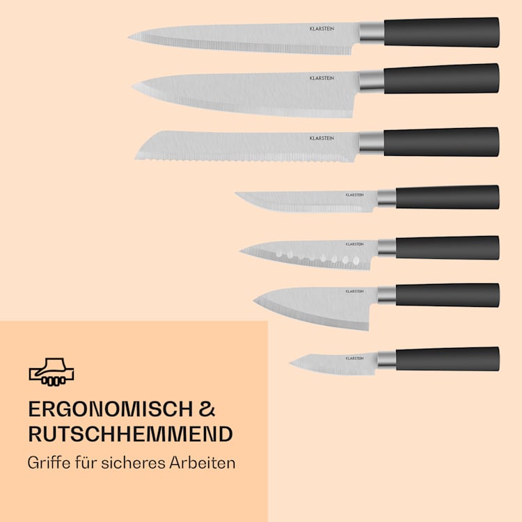 Kitano 8tlg. Messer-Set mit Block 7 Messer Stahl edler Holzblock Schwarz