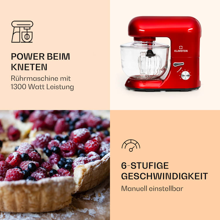 Bella Rossa 2G Küchenmaschine 1300 W 6 Stufen planetarisches Rührsystem Rot