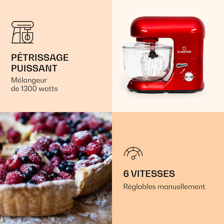Bella Rossa 2G keukenmachine 1300 W 6 standen planetair mengsysteem Rood