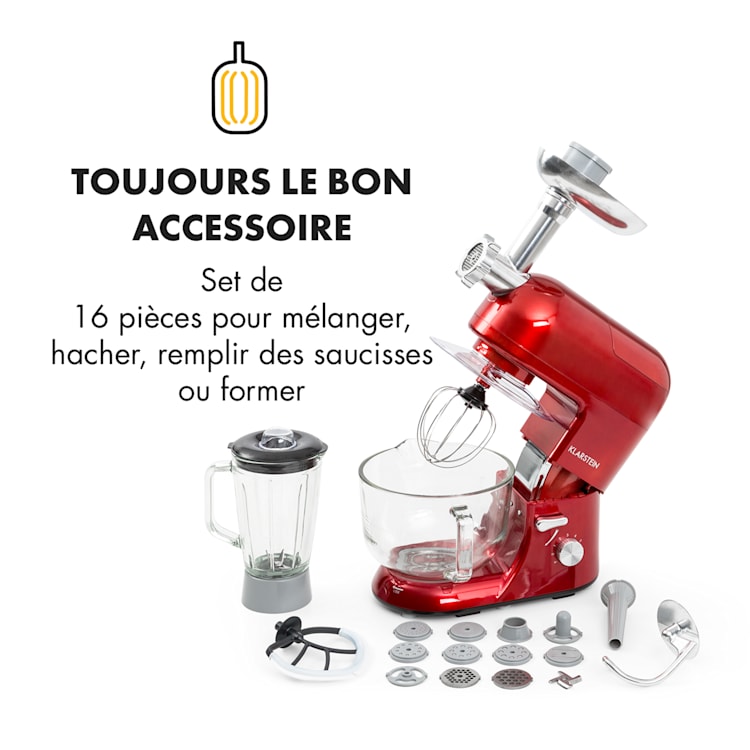 Lucia Rossa 2G keukenmachine mixer vleesmolen 1300W zonder BPA Rood