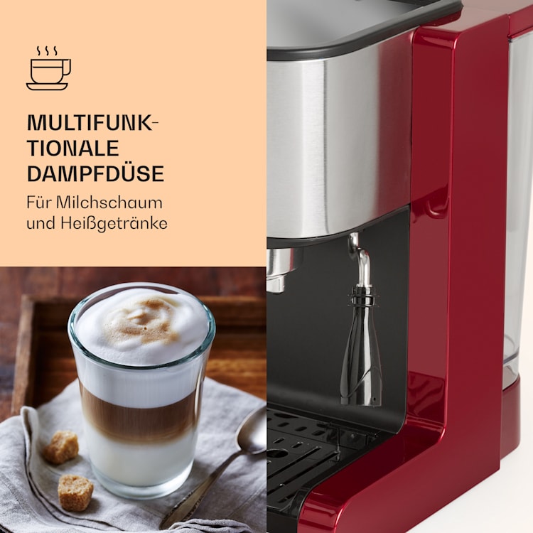 Passionata 20 Espressomaschine 20 bar 6 Tassen 1,25 Liter Milchschaum 20 bar | Rot