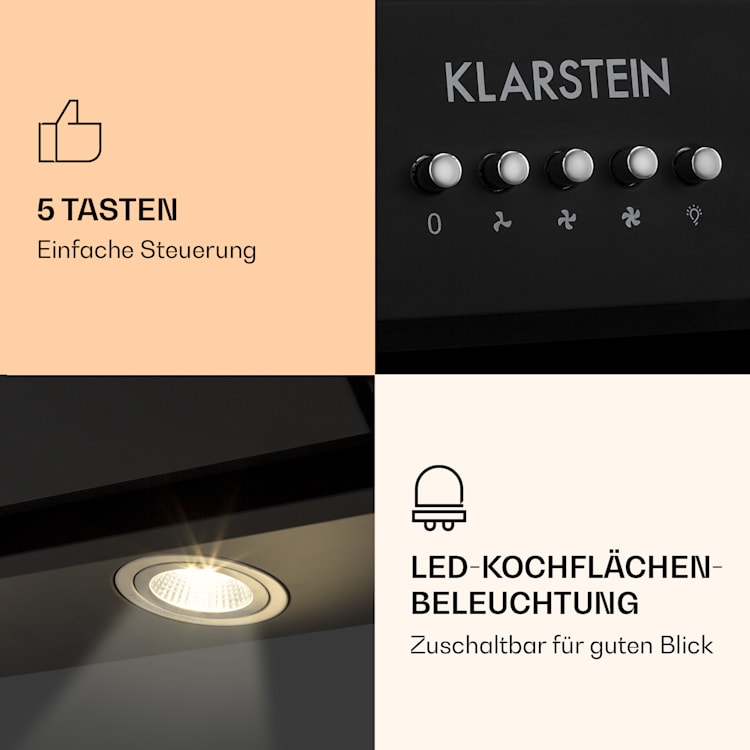 Klarstein Zola 90 Dunstabzugshaube 210 W 607m³/h 2-teiliger Kamin 304er Edelstahl 90 cm | Schwarz