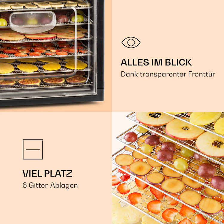 Fruit Jerky Plus 6 Dörrautomat Timer 6 Ablage 420-500 W 35-70 °C Display 6 Etagen