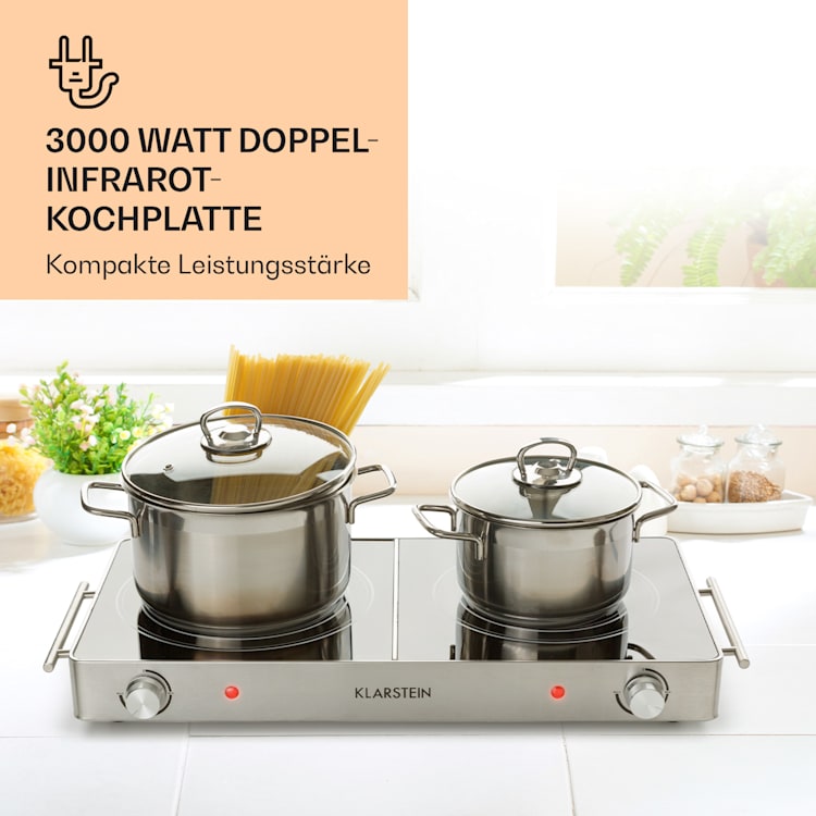 VariCook Duo Kochplatte 3000W Edelstahlgehäuse Tragegriffe Silber