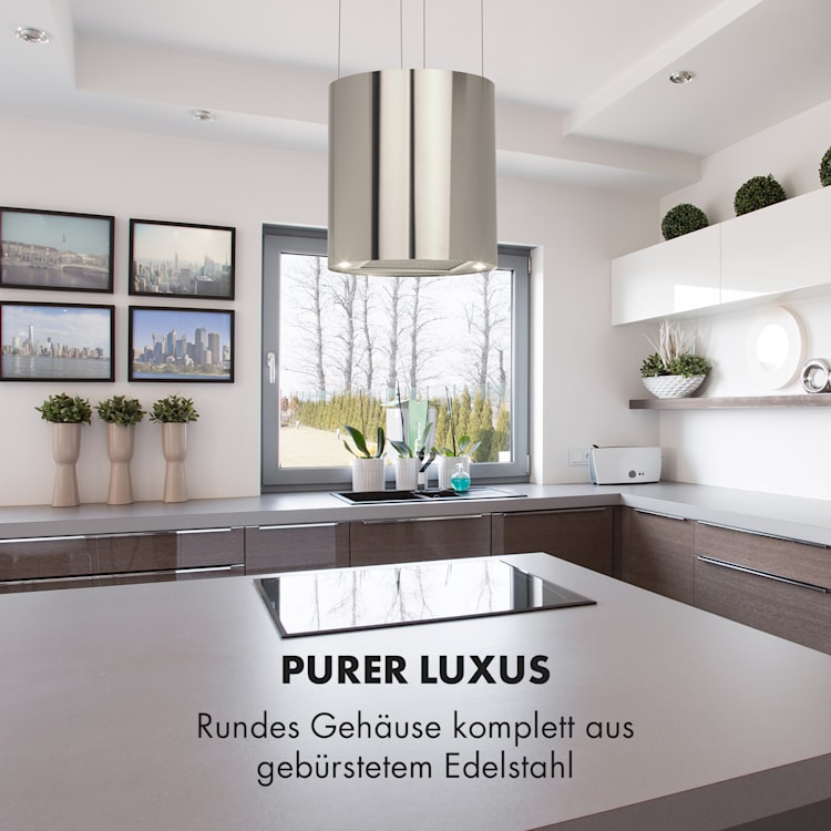 Barett Inselabzugshaube Ø35cm Umluft 558 m³/h LED Aktivkohlefilter Silber